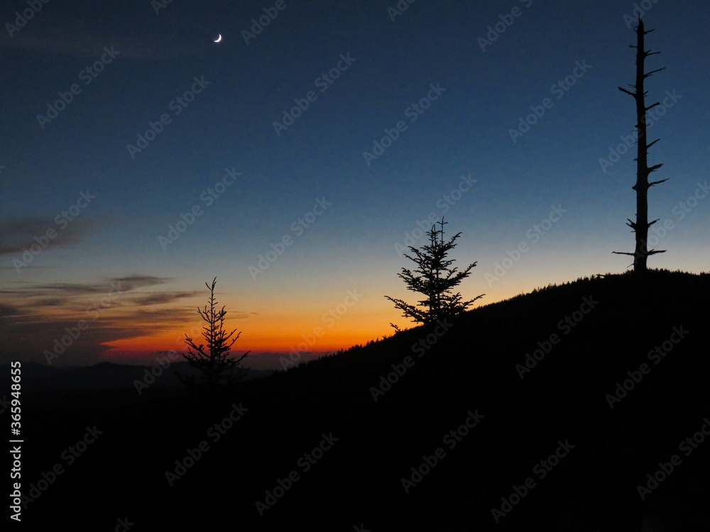 Beautiful sunset with silhouettes of mountains and trees. 