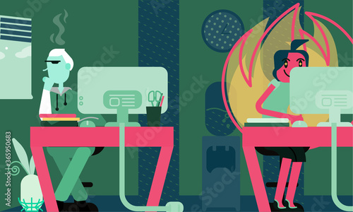 Emotional burnout at work concept art in flat style and bright colors. Man and woman sit behind a desk at open space office, one is sad and other is happy. Productivity and creativity illustration.