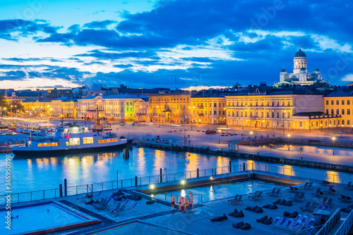 Helsinki. Finland. Evening in the capital of Finland. Pool by the sea. The city harbour of Helsinki. Recreation area on the pier. Swimming Pool With Views Of Helsinki Harbour. Entertainment in Finland photo
