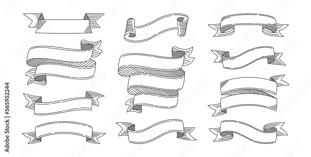 Ribbon hand drawn set. Design different ribbons sketch cartoon collection. Tape blank for greeting cards, grunge banners or invitations. Web icon kit of text banner tapes. Isolated vector illustration