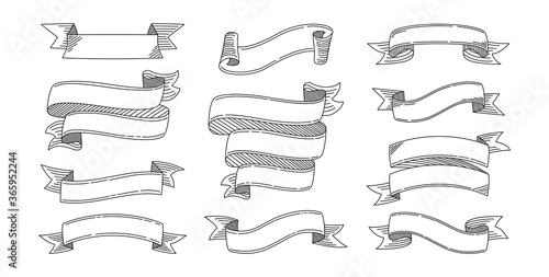 Ribbon hand drawn set. Design different ribbons sketch cartoon collection. Tape blank for greeting cards, grunge banners or invitations. Web icon kit of text banner tapes. Isolated vector illustration