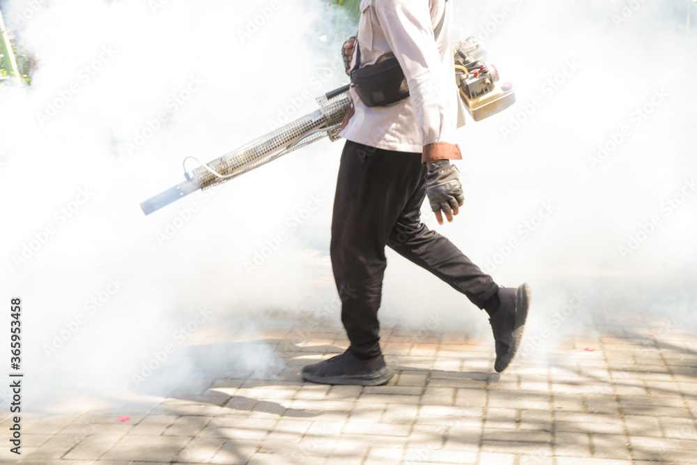 Handheld mosquitos fogger. Man fogging to eliminate mosquitos from the