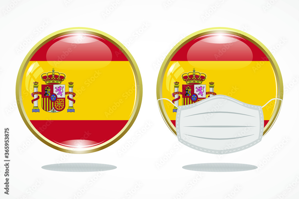 Obraz premium Flag of spain as round glossy icon, Button with spain flag, gold circleline