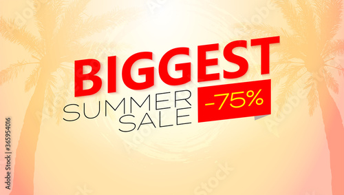 Biggest Summer sale. Vector poster. Tropical sunset and palms tree on background. Huge discounts. Template for your business.