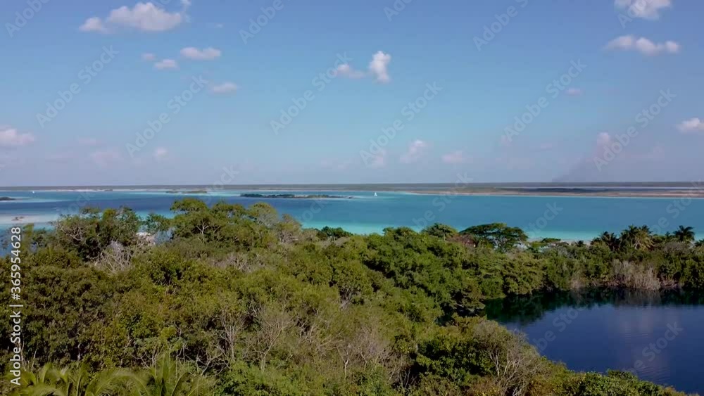 A rising aerial drone shot next to a popular local swimming spot El Cenote Azul in Bacalar, Mexico A rising aerial drone shot next to a popular local swimming spot El Cenote Azul in Bacalar, Mexico