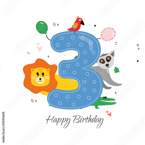 Vector illustration happy birthday card with number three  animals lion and lemur  parrot  crocodile  gifts  balloons  hearts. Greeting card with the inscription happy birthday  triple  lion