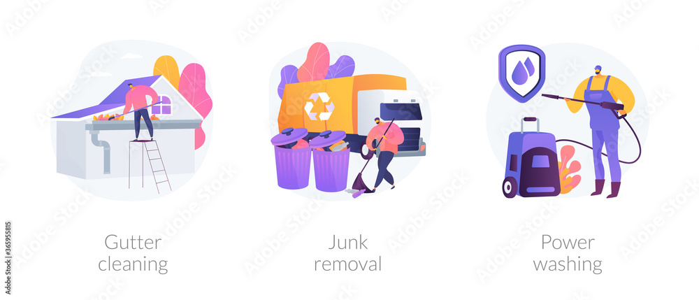 House and garden maintenance abstract concept vector illustration set. Gutter cleaning, junk removal, power washing, leaf and moss removal, yard waste disposal, remove dust and mold abstract metaphor. - obrazy, fototapety, plakaty 