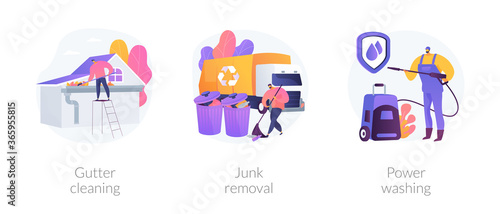 House and garden maintenance abstract concept vector illustration set. Gutter cleaning, junk removal, power washing, leaf and moss removal, yard waste disposal, remove dust and mold abstract metaphor.