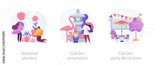 Garden decoration ideas abstract concept vector illustration set. Seasonal planters, garden ornaments, outdoor party decoration, landscape design, bird bath, wind chime, shop online abstract metaphor.