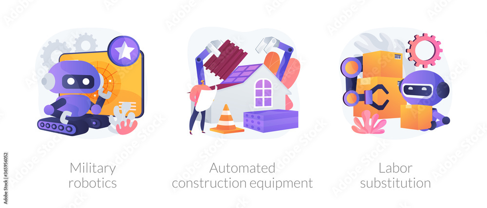 Artificial intelligence in industry abstract concept vector illustration set. Military robotics, automated construction equipment, labor substitution, smart machinery, robotization abstract metaphor.