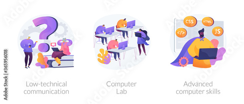 Computer skills requirement abstract concept vector illustration set. Low-technical communication, computer Lab, advanced skills, IT learning, devices for older people, laboratory abstract metaphor.