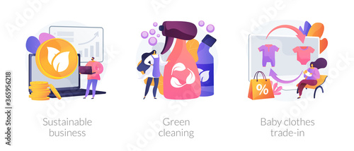 Environmentally friendly business abstract concept vector illustration set. Sustainable business, green cleaning, baby clothes trade-in, second hand, eco service, save ecosystem abstract metaphor.
