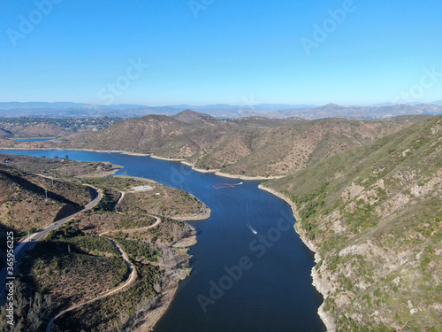 Aerial view of Inland Lake Hodges and Bernardo Mountain, great hiking trail and water activity in Rancho Bernardo East San Diego County, California, USA  photo