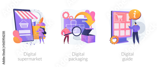 Online services abstract concept vector illustration set. Digital supermarket and packaging, digital guide, AR labels software, online payment, grocery store, mobile guide app abstract metaphor.