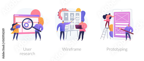 UX design abstract concept vector illustration set. User research, wireframe, prototyping, design project, online survey, reports and analytics, web page layout, website navigation abstract metaphor.