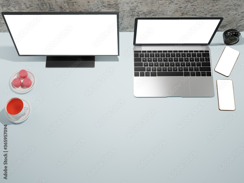 3D rendering Laptop , Monitor , Smartphone , Tea in a glass, placed on a white saucer. And 3 strawberry macaron in a white plate on a blue table in front of the bare cement wall , 3D illustration 3D rendering Laptop , Monitor , Smartphone , Tea in a glass, placed on a white saucer. And 3 strawberry macaron in a white plate on a blue table in front of the bare cement wall , 3D illustration