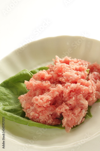 Japanese food, minced tuna fish with copy space