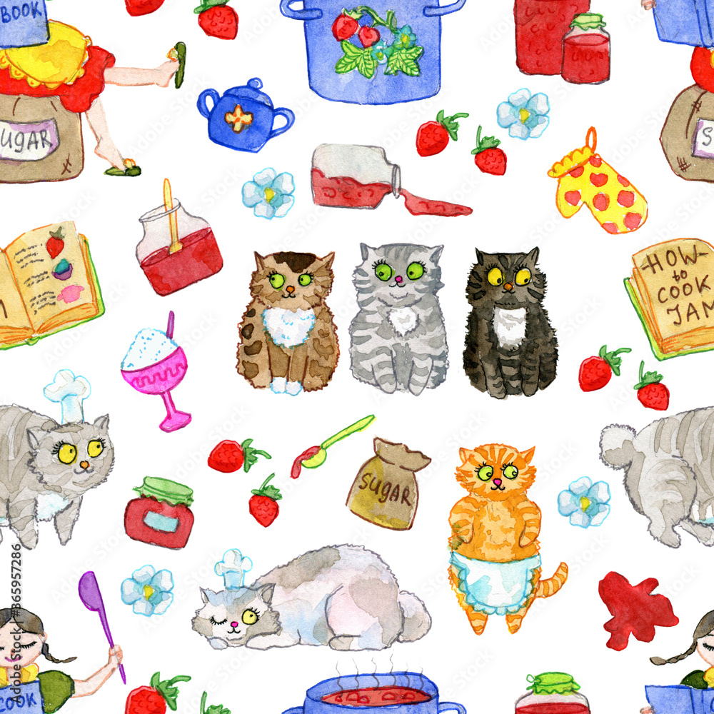 custom made wallpaper toronto digitalSeamless pattern with lovely cats, jars of jam, cooking kitchenware objects. Cute hand drawn illustration, watercolor drawings with funny animals on white background.