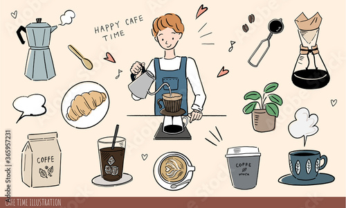 手描きカフェタイムイラストセット・コーヒー飲食店・男性