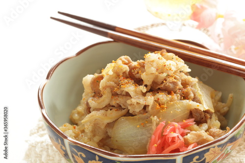 Japanese food, simmered beef and onion on rice