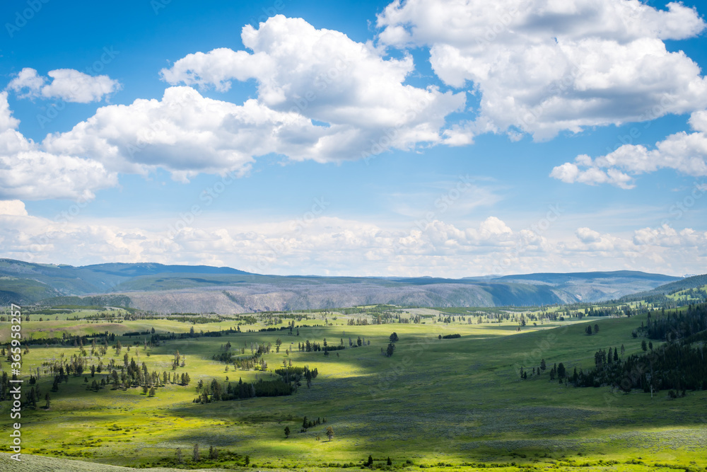 A beautiful overlooking view of nature in Yellowstone National Park, Wyoming