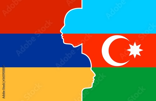 Image relative to politic and economic relationship between Armenia and Azerbaijan. National flags inside the heads of the businessmen. Teamwork concept.