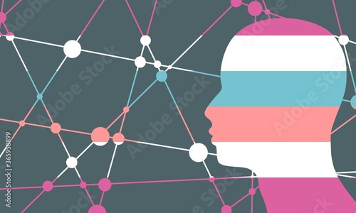 Head textured by transgender transsexual pride flag. Unconventional sexual orientation concept. Connected lines with dots