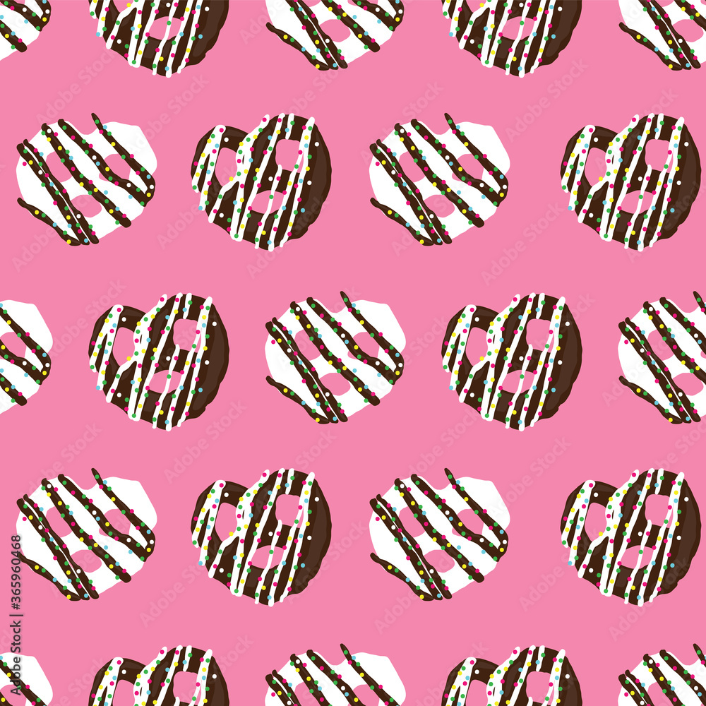 chocolate covered pretzel and sprinkles seamless pattern on pink background design chocolate covered pretzel and sprinkles seamless pattern on pink background design