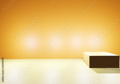3d empty square podium in bright yellow room with light and shadow. empty copy space 3D rendering