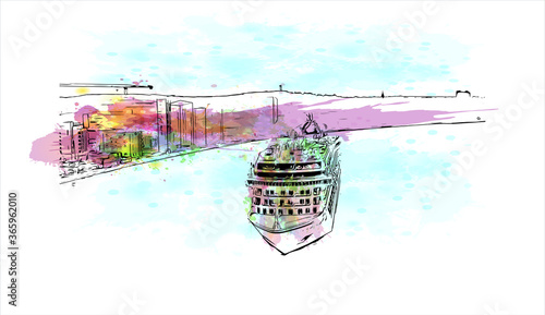 Building view with landmark of Aalborg is a city in the Jutland region of Denmark. Watercolor splash with hand drawn sketch illustration in vector.