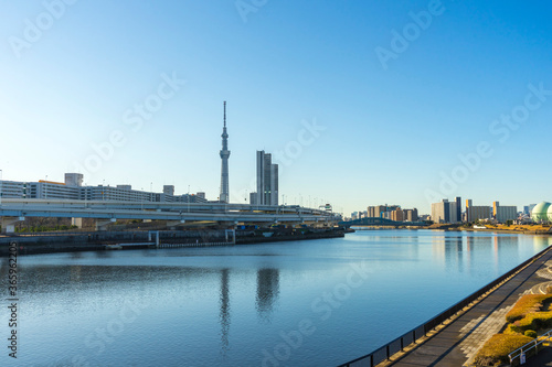 Tokyo Skytree with blue sky background and Sumida river as foreground in Tokyo  Japan 