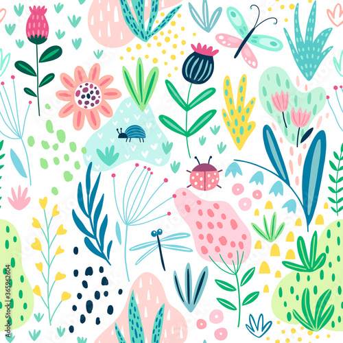 Seamless flourish pattern with Field flowers, plants, butterfly and other elements.