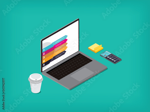 Computer notebook and mobile phone coffee cup on backgroun