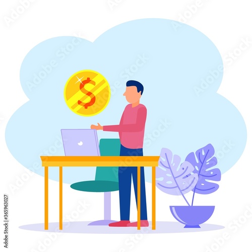 Business men are working with laptops in the workspace. More income. Vector illustration of a modern business concept.