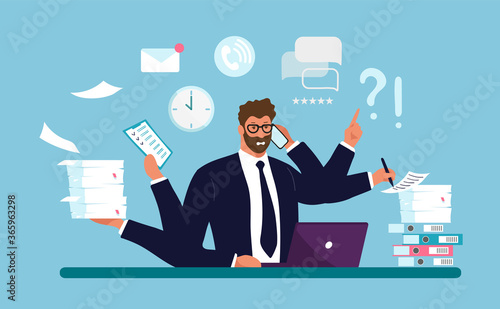 A businessman works with a lot of hands, a lot of documents on the desk, a paper note, a computer, a clock. Concept of work dependent, overworked, professional burnout. Flat cartoon vector