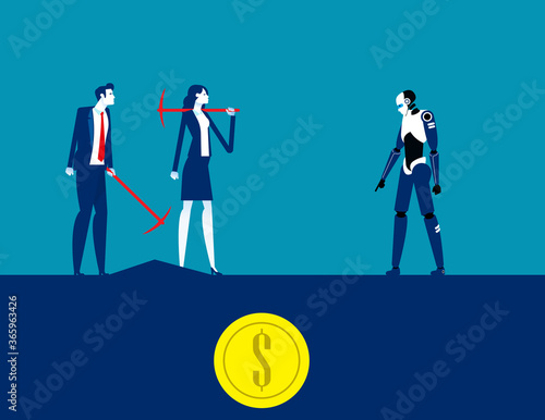 Robot finding gold money with Digger. Business digging concept. Currency
