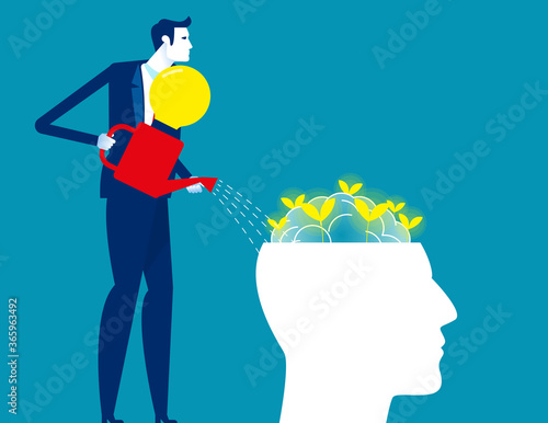 Watering plants with ideas. Creativity and Imagination. Cartoon vector illustration style
