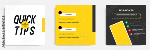 Social media tutorial, tip, trick, quick tips, layout template with geometric background design in black, white, yellow color. Vector illustration