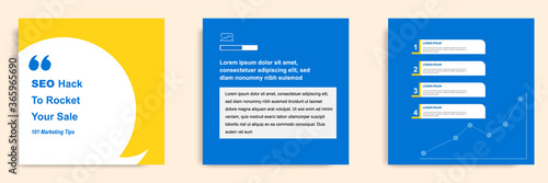 Social media tutorial, tip, trick, quick tips, layout template with geometric background design in blue, white, yellow color. Vector illustration