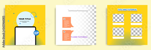 Social media tutorial, tip, trick, quick tips, layout template with geometric background design in blue, white, yellow color. Vector illustration