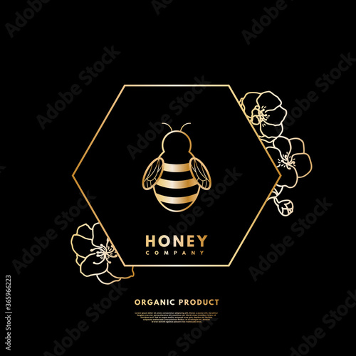 Vector gold line honey logo for company, label isolated on black background.