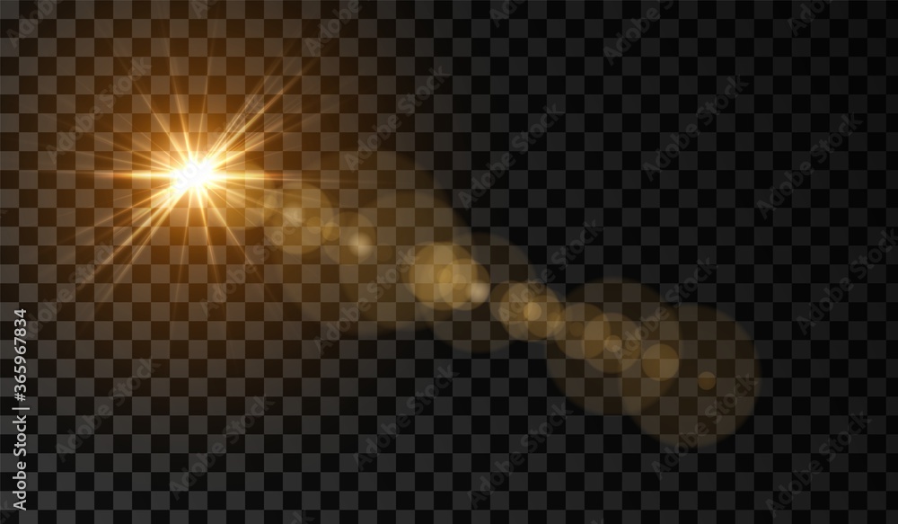 Naklejka premium Lens flare. Light glow effect. Gold sparkle and glare object. Isolated vector illustration on transparent background.