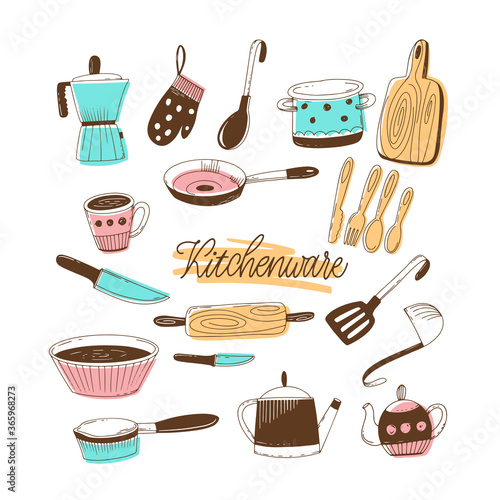 Kitchen utensils, a set of items. Illustration in handmade technique in a bright modern hand drawn style isolated on a white background. Elements for design.