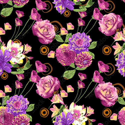 Flower design for fashion  exotic leaves and flowers in neon light. Seamless pattern