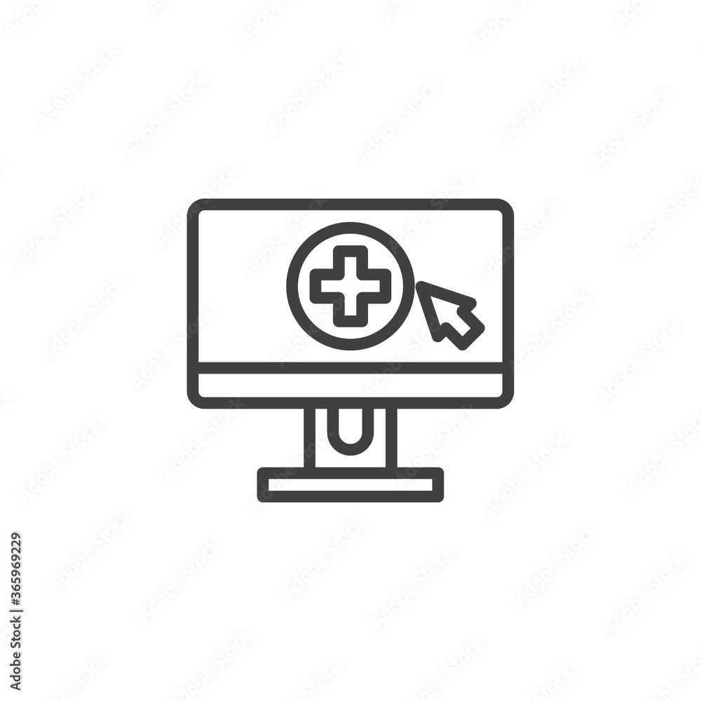 Online Aid line icon. linear style sign for mobile concept and web design. Monitor with medical cross outline vector icon. Symbol, logo illustration. Vector graphics Online Aid line icon. linear style sign for mobile concept and web design. Monitor with medical cross outline vector icon. Symbol, logo illustration. Vector graphics