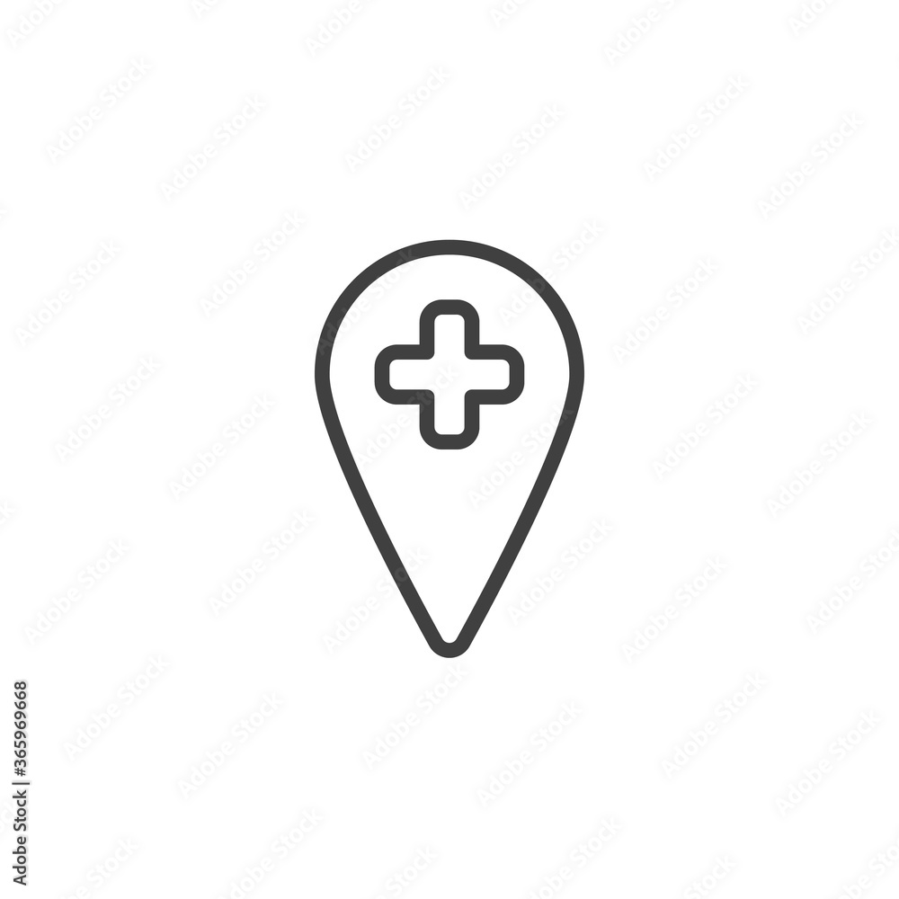 Hospital location placeholder line icon. linear style sign for mobile concept and web design. Map marker with medical cross outline vector icon. Symbol, logo illustration. Vector graphics Hospital location placeholder line icon. linear style sign for mobile concept and web design. Map marker with medical cross outline vector icon. Symbol, logo illustration. Vector graphics