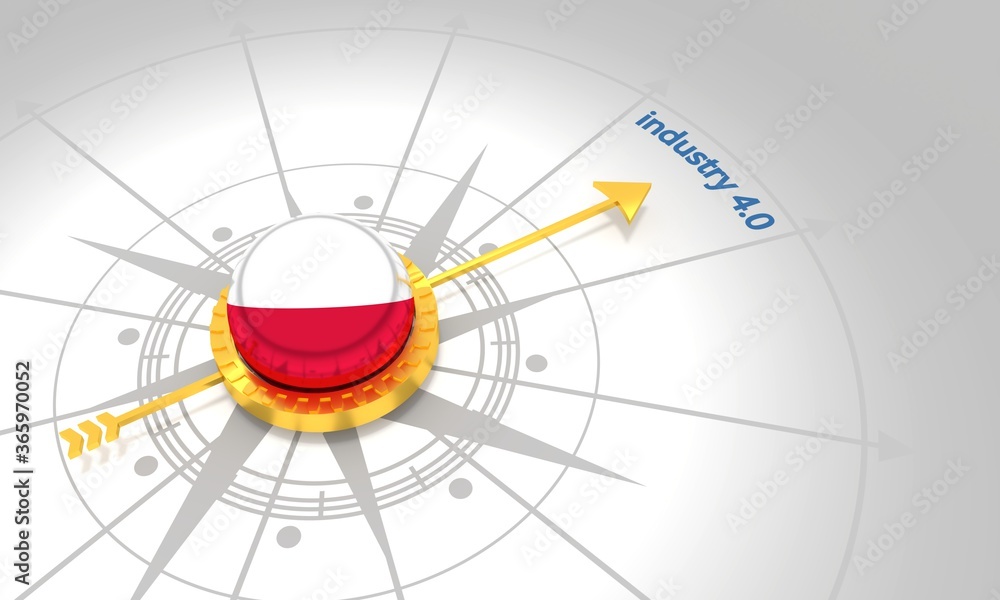 Industry four point zero. 3D rendering. Abstract compass points to the word. Flag of the Poland Industry four point zero. 3D rendering. Abstract compass points to the word. Flag of the Poland