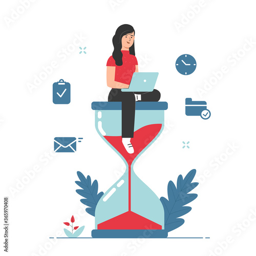 Effective time management concept with girl sitting on hourglass illustration