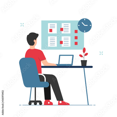 Man working on laptop with busy task schedule illustration. Time management and deadline concept