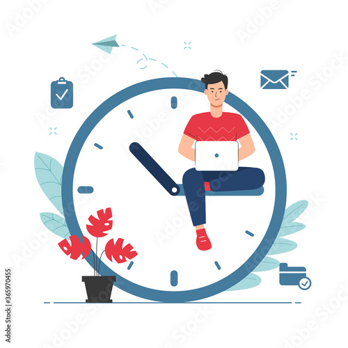 Time management and deadline concept with man sitting on clock illustration